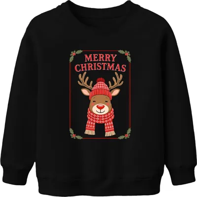 Produktbild von MERRY CHRISTMAS Weihnachtsrentier rote Nase Schal Norweger lustig Uni Kinder Sweatshirt Pullover, Schwarz, 116
