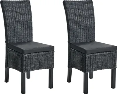 Produktbild von BELIANI Esszimmerstuhl 2er Set Schwarz Rattan mit Sitzkissen Mangoholzbeine Hoher Rückenlehne ohne Armlehnen Rattanstuhl modernes Design für den Innenbereich