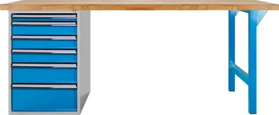 Produktbild von Werkbank Giant Rhino Plus mit 6 Schubladen | HxBxT 84x200x70cm | Traglast 500kg | Lichtblau/Lichtblau
