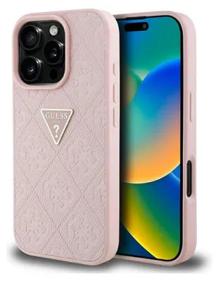 Zdjęcie produktu dla Guess Hot Stamp 4G Pattern Triangle Metal Logo - Etui do iPhone 16 Pro (różowy)