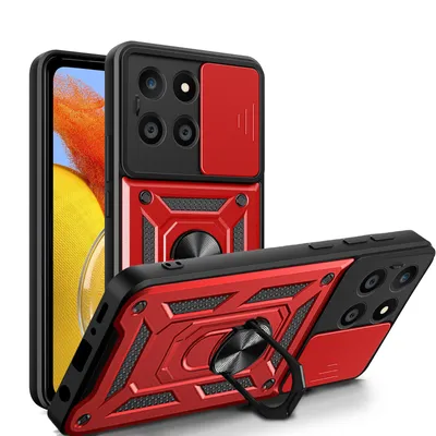 A red and black phone case with a slide camera cover and ring holder is displayed against a white background.