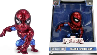 A Spider-Man action figure is shown in its packaging and also outside of its packaging.