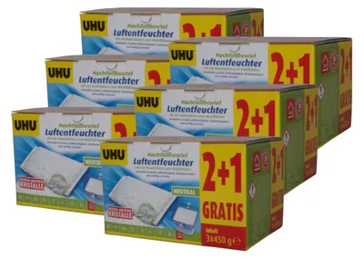 A stack of UHU Luftentfeuchter Nachfüllbeutel (refill bags for dehumidifiers) boxes.