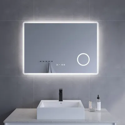 Produktbild von LED Badspiegel 100x70cm mit Beleuchtung Kaltweiß 6400K Lichtspiegel Badezimmerspiegel Wandspiegel mit Touchschalter Uhr 3-fach Lupe IP44 Memory-Funktion Dimmbar Spiegelheizung Ecken Abgerundet Energiesparend