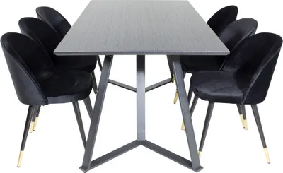 Produktbild von MarinaBLBL Essgruppe Esstisch schwarz und 6 Velvet Esszimmerstühle Velour schwarz, Messing Nachbildung.