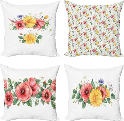 Produktbild von ABAKUHAUS Blumen Dekokissen Kissenbezug 4er Pack, Frühlings-Laub Corsage Formular, Modern Accent Doppelseitiger Digitaldruck, 60 x 60 cm, Mehrfarbig