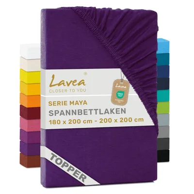 Produktbild von Lavea® Topper Spannbettlaken 180x200 cm - 200x200 cm, Maya 100% Jersey Baumwolle – Weiches Spannbetttuch Topper bis 10 cm- Dunkellila