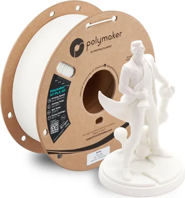 A spool of white 3D printing filament and a white 3D printed figurine.
