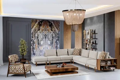 Immagine prodotto di Elegante divano angolare beige a L con poltrona Comodo set di divani angolari in tessuto