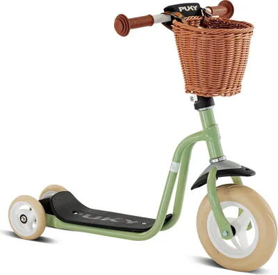 A light green Puky scooter with a wicker basket on the handlebars, shown against a white background.