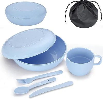 Produktbild von Famanu Campinggeschirr Set mit Schüssel, Teller, Becher, Löffel, Gabel, Messer und Tragetasche - leicht und platzsparend
