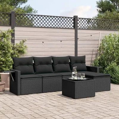 Produktbild von Design 6-tlg. Garten-Sofagarnitur mit Kissen Schwarz Poly Rattan, Gartenmöbel-Sets 2024 Neu