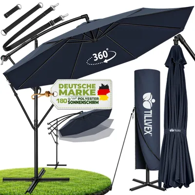 Obrázek produktu pro tillvex slunečník navy blue Ø 300 cm závěsný zahradní slunečník market deštník klička balkon hliník naklápěcí