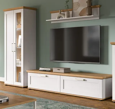 Produktbild von Wohnwand "Mirano" in weiß Lärche und Eiche Artisan Landhaus Wohnkombination 3-teilig 240 cm, inklusive Beleuchtung