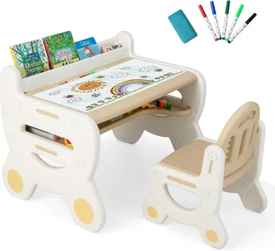 Produktbild von GOPLUS Kinderzeichentisch & Stuhl Set, Kinderschreibtisch mit Whiteboard, Bücherregal & Ablagefach, multifunktionaler Aktivitätstisch inkl. Marker & Radierer (Braun)