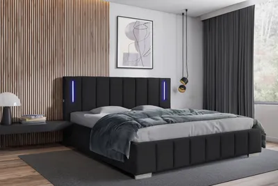 Produktbild von Polsterbett 180 x 200 cm mit Bettkasten und Matratze Lattenrost, Bonellmatratze H3, LED-Beleuchtung Velours Schwarz Ankona