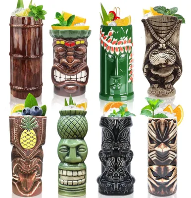 Tiki-Cocktailset 8er - Keramik-Tumbler Hawaii-Motive handbemalt