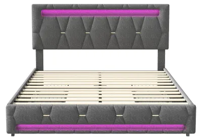 Image de Structure de lit avec tête de lit capitonnée - Lit double 140x200 cm - Tête de lit avec éclairage LED - Fonction de charge USB - 4 tiroirs de rangement - Structure en bois