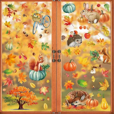 Produktbild von Fensteraufkleber Herbst 84 Stück Ahornblätter Kürbis Kleintiere Selbstklebend PVC