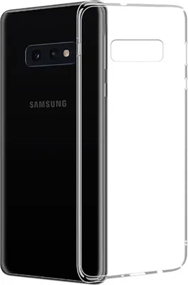 A clear, professional studio shot of a transparent phone case next to a black Samsung Galaxy S10e phone.