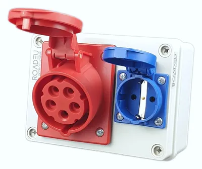 Produktbild von RoadEu CEE Steckdosenverteiler IP44 | 1x CEE 16A 5P 400V + 1x Schuko 230V | Aufputz Stromverteiler für Innen- & Außeneinsatz, vorverdrahtet