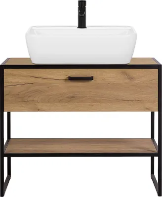 Produktbild von Waschtisch mit Keramik-Aufsatzbecken MANHATTAN-56 Eiche/schwarz B/H/T: 90/94/50cm