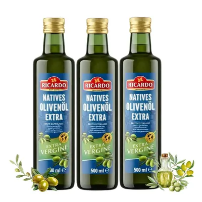 Produktbild von RICARDO natives Olivenöl extra 3 Flaschen x 500ml - Vorteilspack  - kalt extrahiert