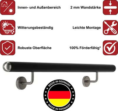 Produktbild von TIBU Handlauf Aluminium Schwarz 30-600cm Wandhandlauf Treppe gewinkelte Edelstahlhalter, Länge 550 cm mit 6 Halter und halbrunde Kappe