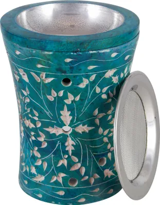 Produktbild von 11x8cm Türkis Rauchgefäß aus Speckstein mit Sieb und Metall Schale Motiv Blumen