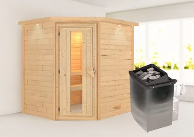 Produktbild von Karibu Sauna Innensauna Mia Eckeinstieg Ofen 9 kW integr. Strg 224x184x202 cm mit Dachkranz mit Energiespartür