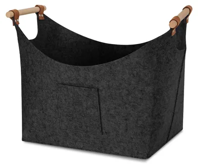 Image de Panier en feutre gris foncé pour bois de cheminée, Ikodm, 57 litres, épaisseur 3 mm, dimensions 45 x 40 x 32 cm, pliable avec poignées en bois