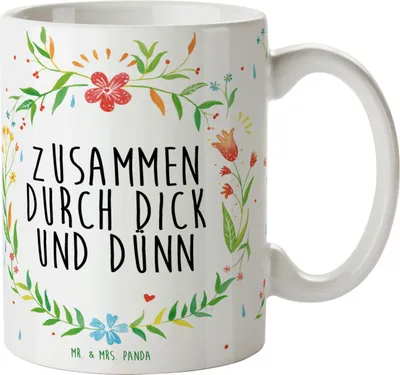 Produktbild von Mr. & Mrs. Panda Tasse Zusammen durch dick und... - Geschenk, Becher, Trinkbecher, Teetasse, Kaffeebecher, Kaffeetasse