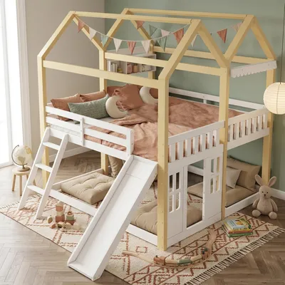 Zdjęcie produktu dla Łóżko piętrowe zjeżdżalnią, 90x200 cm, łóżko dziecięce piętrowe z drzwiami i oknem, łóżko dziecięce w kształcie domku z drabiną i barierką ochronną, wykonane z naturalnego drewna