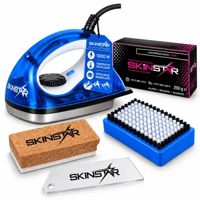 Image de Kit d'entretien SkinStar Skiwachs, comprenant 5 pièces : fer à cirer, cire universelle, brosse, de couleur bleue