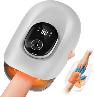 Productafbeelding van Handmassageapparaat met warmtefunctie, 4 massageprogramma's, 3 temperatuurstanden, 5 compressiefuncties. Elektrisch, draadloos, draagbaar, vibrerende handschoenen. Handmassageapparaat voor pols en vingers
