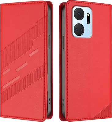Produktbild von Hülle für Honor X7A, Kunstleder Brieftaschen Handyhülle mit Kartenfach und Standfunktion Rot