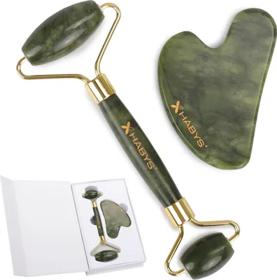 Produktbild von Gua Sha Massage-Set aus echtem Jade | Stein & Roller für Gesichtsmassage | Hautpflege & Anti-Aging reduziert Schwellungen & Augenringe | Geschenkbox