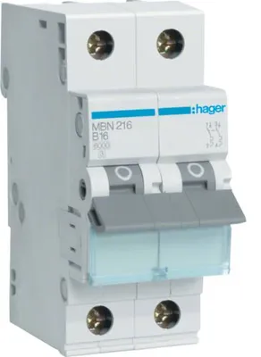 Image de Hager Disjoncteur de protection de ligne 2 pôles B-16A, 6kA MBN216