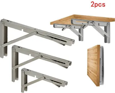Collage of folding brackets and a wooden shelf.