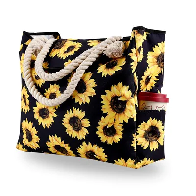 Produktbild von Strandtasche Badetasche Große Wasserdicht Shopper Strand Pool Tasche Beach Bag mit Reißverschluss für Reisen Strand Schwimmbad Sonnenblume