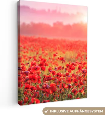 Produktbild von MuchoWow® - Leinwandbilder - Blumen - Mohn - Rot - Blumenfeld, Wandbild, Wanddeko Bilder Wohnzimmer, 90x120 cm