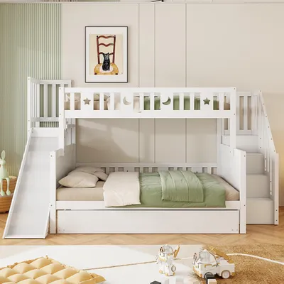 Immagine prodotto di Letto a castello Merax 90x200/140x200cm in legno massiccio, letto per bambini con scivolo e ripiano, letto estraibile con scala di sicurezza e rete a doghe, bianco