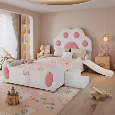Produktbild von Flieks Kinderbett 90x200cm mit Rutsche und Treppe, Polsterbett Einzelbett mit Rausfallschutz, Bodenbett mit Katzenpfotenformkopfteil, PU, Rosa