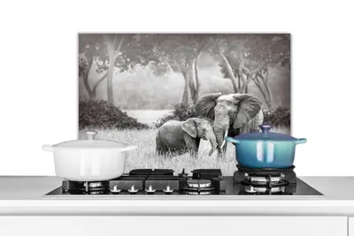 Produktbild von KitchenYeah®  Spritzschutz Küche - Küchenrückwand - Wandschutz für Herd und Spüle - Elefant - Tiere - Natur - Schwarz und weiß 60x40 - Alu-Dibond (Alternative zum Spritzschutz aus Glas) - Hitzebeständ