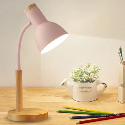 Obrázok produktu pre Stolná lampa pre deti, LED stolná lampa na čítanie, pätica E27, nastaviteľný rameno, kov a drevo, nočná lampička, severský štýl, stolná lampa pre spálňu, obývačku alebo pracovňu (ružová)
