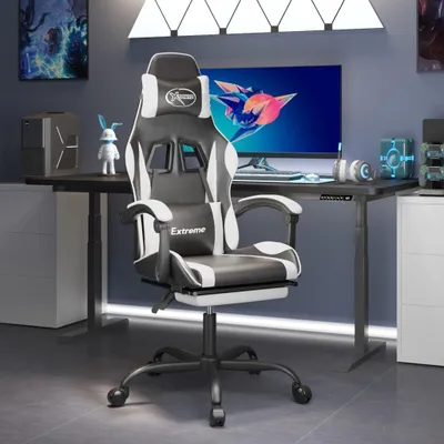 Image de Chaise de jeu avec repose-pieds, en similicuir, noire et blanche