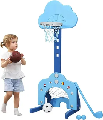 Zdjęcie produktu dla Zestaw sportowy dla dzieci 3 w 1 – zestaw do zabawy – stojak do koszykówki z regulacją wysokości – bramka do piłki nożnej – golf – w zestawie piłki – niebieski