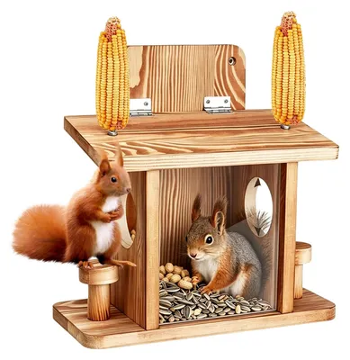 Eichhörnchen-Futterhaus aus Holz, wetterfest, 2 Eingänge, Klappdeckel