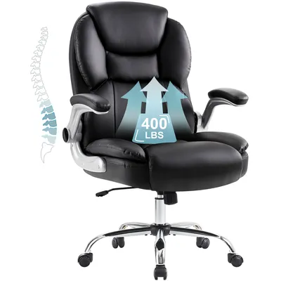 Image de IWMH Fauteuil de direction ergonomique avec accoudoirs pliables, réglable en hauteur Fauteuil de bureau avec soutien lombaire, fauteuil de direction en cuirPolyuréthane- noir