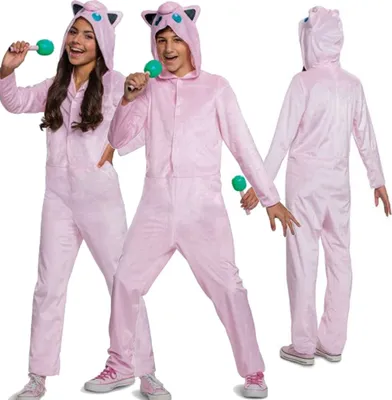 Two children wearing Jigglypuff costumes, one holding a microphone.